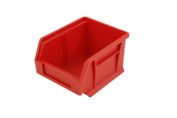 Red plastic storage bin for industrial organization