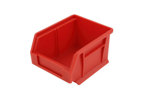 Red plastic storage bin for industrial organization