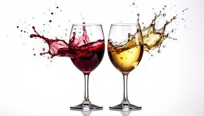 Red and white wine in elegant glasses, mid-splash on white