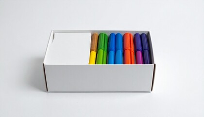 White Box with Colorful Markers and Stack of White Paper on Clean Surface
