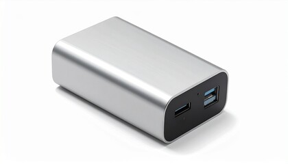 Compact White Electronic Device with Scenic Display and USB Port on Neutral Surface