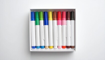 White Box with Colorful Markers and Stack of White Paper on Clean Surface