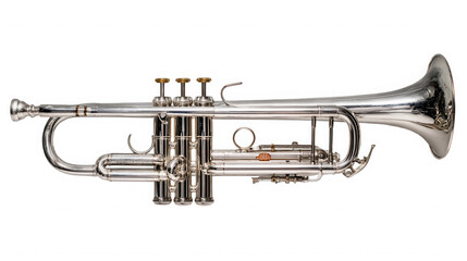 Obraz premium Silver trumpet musical instrument with three valves and shiny finish on transparent background