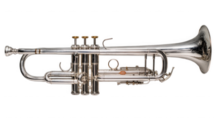 Silver trumpet musical instrument with three valves and shiny finish on transparent background