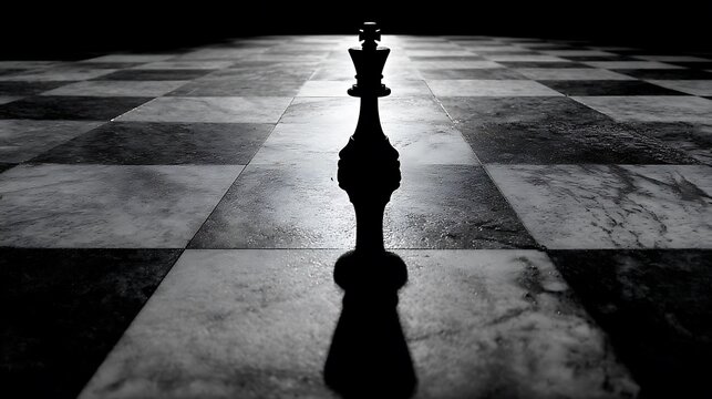 Dramatic monochrome shot of a lone chess king casting a long shadow on checkered board