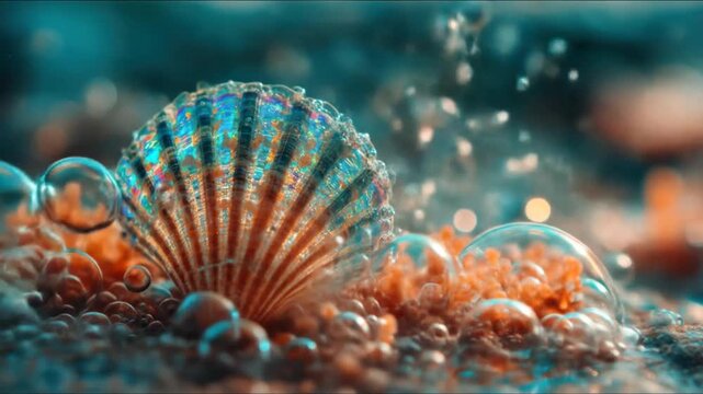 A close-up view of a seashell underwater, surrounded by water droplets and orange coral-like elements