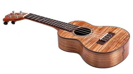 Beautiful wooden ukulele with intricate grain patterns on the body and a dark fretboard on transparent background. on transparent background