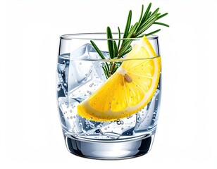 Clear cocktail glass with ice cubes, lemon slice, and rosemary sprig