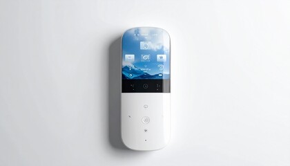 Minimalist White Remote Control with Circular Navigation Pad and Two Buttons on White Surface