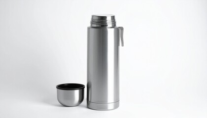 Stainless Steel Thermos Flask with Lid as Cup on White Surface