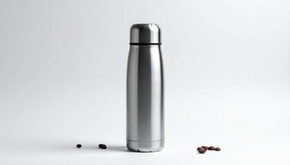Stainless Steel Thermos Flask with Lid as Cup on White Surface