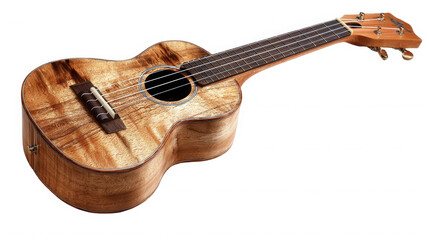 Beautiful wooden acoustic guitar with intricate grain patterns and dark fretboard on transparent background