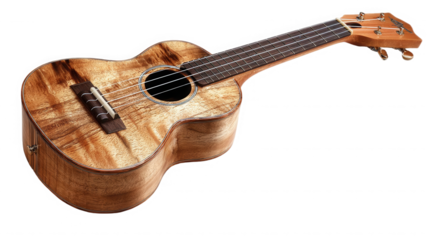Beautiful wooden acoustic guitar with intricate grain patterns and dark fretboard on transparent background