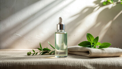 Serene scene of a glass bottle with a dropper on a table surrounded by green leaves and a towel under soft natural light