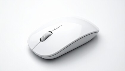 White Wireless Computer Mouse with Scroll Wheel on White Surface and Neutral Background