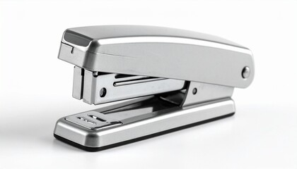 Metallic Stapler in Slightly Open Position on White Surface with Neutral Background