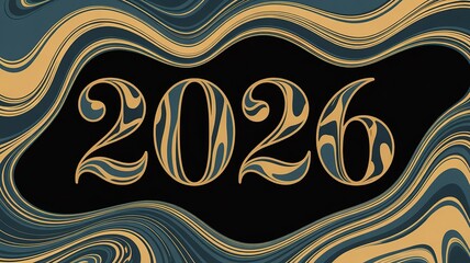 Fototapeta premium Elegant 2026 New Year Design with Gold and Blue Swirls Perfect for Greeting Cards and Celebration Invitations