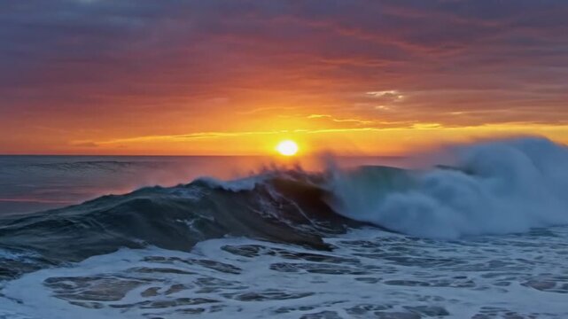 Dramatic sunset over a powerful ocean wave, with sunbeams creating a vibrant sky and foam-capped surf