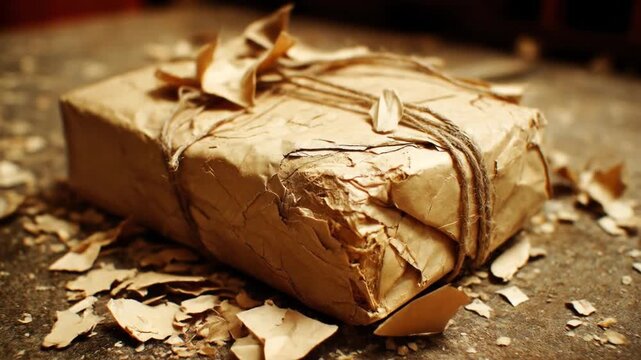A close-up shot of a package wrapped in aged brown paper and tied with twine. Crumpled and worn
