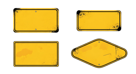 Four yellow grunge rectangular labels on transparent background isolated