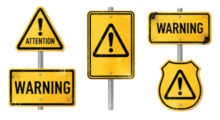 Set of grungy warning signs on transparent background isolated