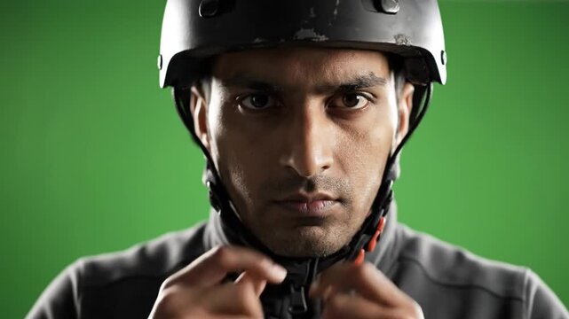 Focused athlete adjusting helmet before sport activity in front of green screen, close-up shot