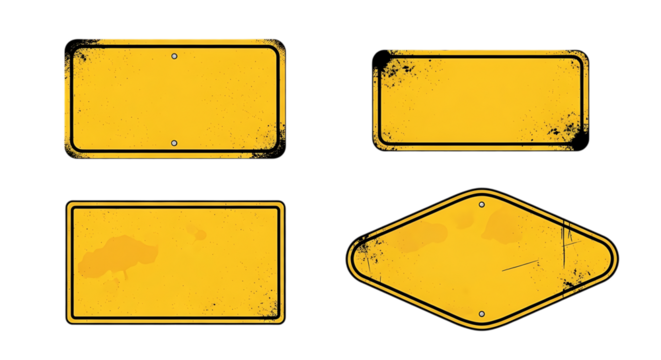 Four yellow grunge rectangular labels on transparent background isolated - Powered by Adobe
