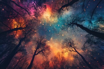 A vibrant night sky with a multitude of stars and galaxies, set against a backdrop of towering trees with a mix of green and brown hues, creating a serene and peaceful atmosphere.