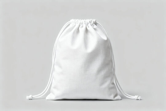 White drawstring bag on gray background