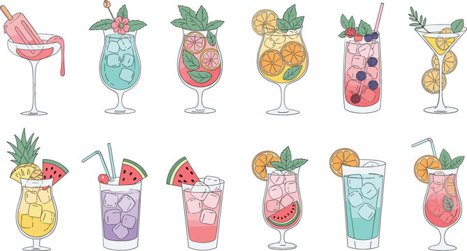Colorful hand drawn summer cocktail and fruit drink set illustration with refreshing beverages glasses in flat cartoon style isolated