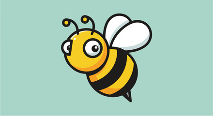 Cartoon bee illustration with yellow and black stripes flying in the air.