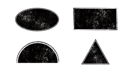 Four black grunge geometric shapes on transparent background isolated