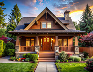 wood brown craftsman house, home, ranch, stone cozy, deck, porch, roof, siding, sky, grass, farm, country