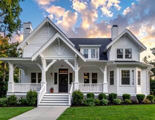 wood white craftsman house, home, ranch, stone cozy, deck, porch, roof, siding, sky, grass, farm, country