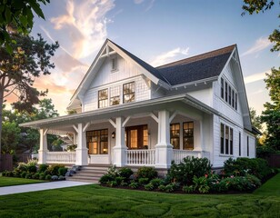 wood white craftsman house, home, ranch, stone cozy, deck, porch, roof, siding, sky, grass, farm, country