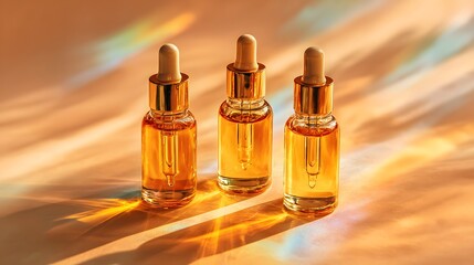 Naklejka premium Three golden serum bottles with droppers, illuminated by sunlight, creating a beautiful aesthetic.