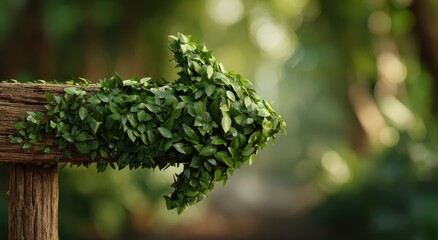 Fototapeta premium Vibrant Green Leaf Arrow on Rustic Wooden Post, Pointing Right in a Softly Blurred Forest.