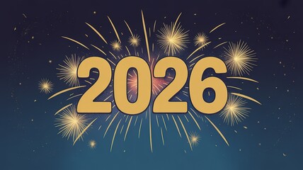 Fototapeta premium New Year 2026 Celebration with Fireworks and Sparkling Stars on a Dark Blue Background Perfect for Greeting Cards and Party Invitations