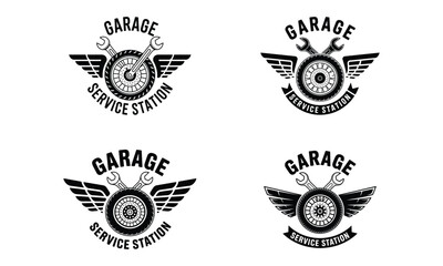 Fototapeta premium Vintage garage service station logos with wings and wheel emblem for auto repair branding 