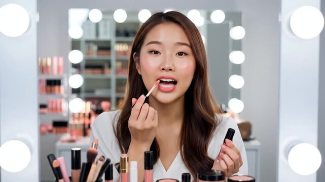 Makeup tutorial showing a fresh spring look using blush and hydrating lip gloss for a natural glow