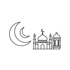Islamic Symbols: Crescent Moon, Mosque Silhouette, and Lantern Line Art