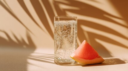 Minimal setup: chilled glass cylinder filled with tropical fizz, bubbles ascending sharply. A wedge of papaya rests elegantly at