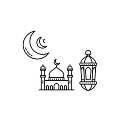 Obraz premium Islamic Symbols: Crescent Moon, Mosque, and Lantern Line Art Icons