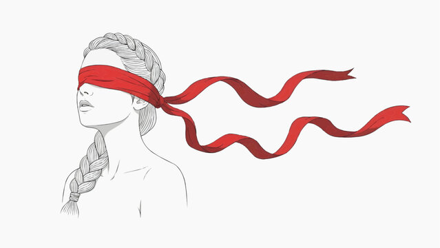 Flat vector illustration of a woman blindfolded with a red ribbon