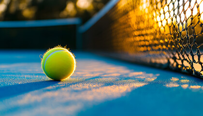 Close up of a tennis ball near the net on a blue court.