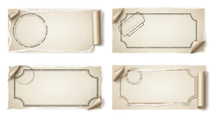 Vintage parchment paper frames with decorative borders isolated on transparent background
