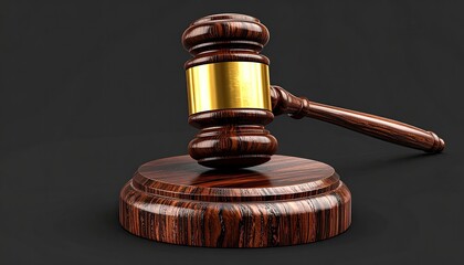 Rich wood gavel with gold band on matching wooden block, dark background