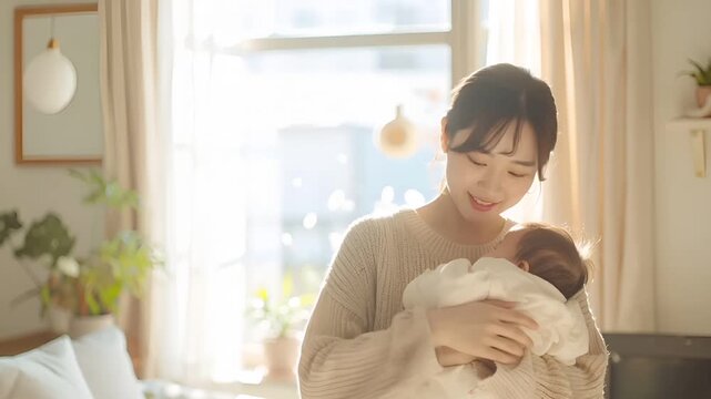 明るく清潔な室内で、日本人の若い母親が赤ちゃんを胸に抱くシーン。
柔らかな自然光が肌を照らし、安心感と愛情に満ちた雰囲気。
育児、家族、母性をテーマにしたリアルなライフスタイル映像。