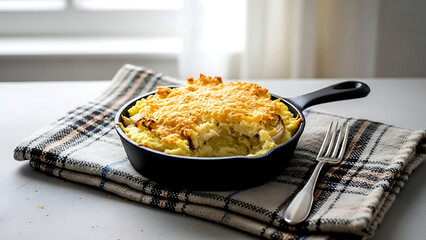 Still life, Rustic farmhouse. Scottish rumbledethumps, a baked dish of mashed potatoes, cabbage, onion with a crispy cheese topping, in a small cast-iron skillet 