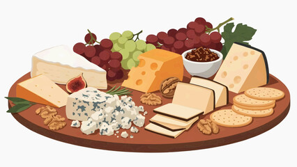Flat vector illustration of a cheese plate with grapes, nuts and crackers on a wooden board 
